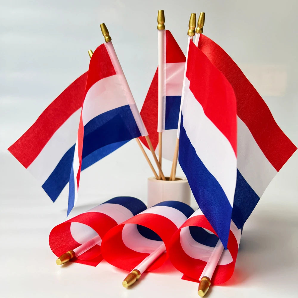 Netherlands Small Hand Flag on Stick – 14x21cm Polyester Dutch Handheld Flag with Wooden Pole | The Party Days