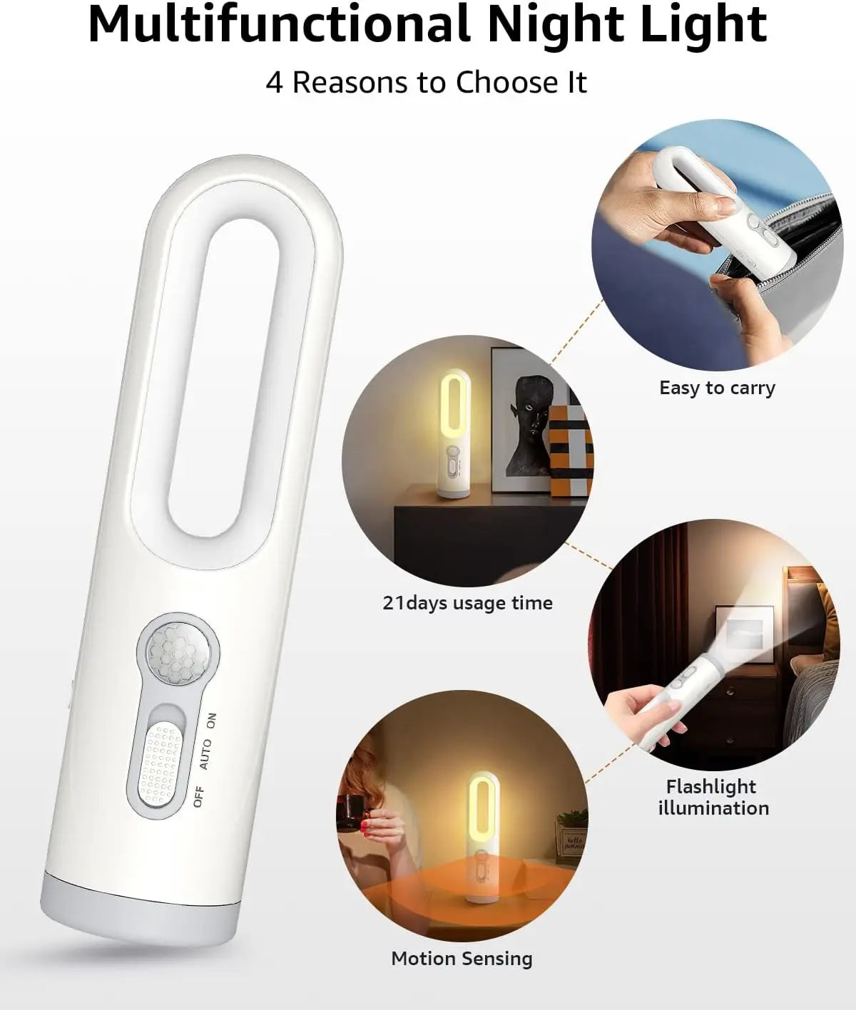 LED Motion Sensor Night Light 2 in 1 Portable Flashlight