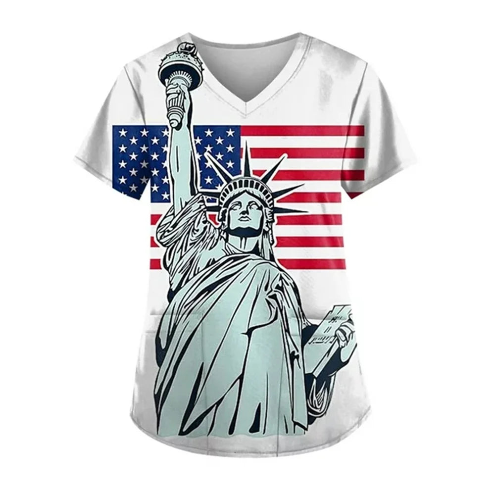 Women's 4th of July Patriotic Scrub Top – V-Neck 3D Print Independence Day Uniform Tee – The Party Days | The Party Days