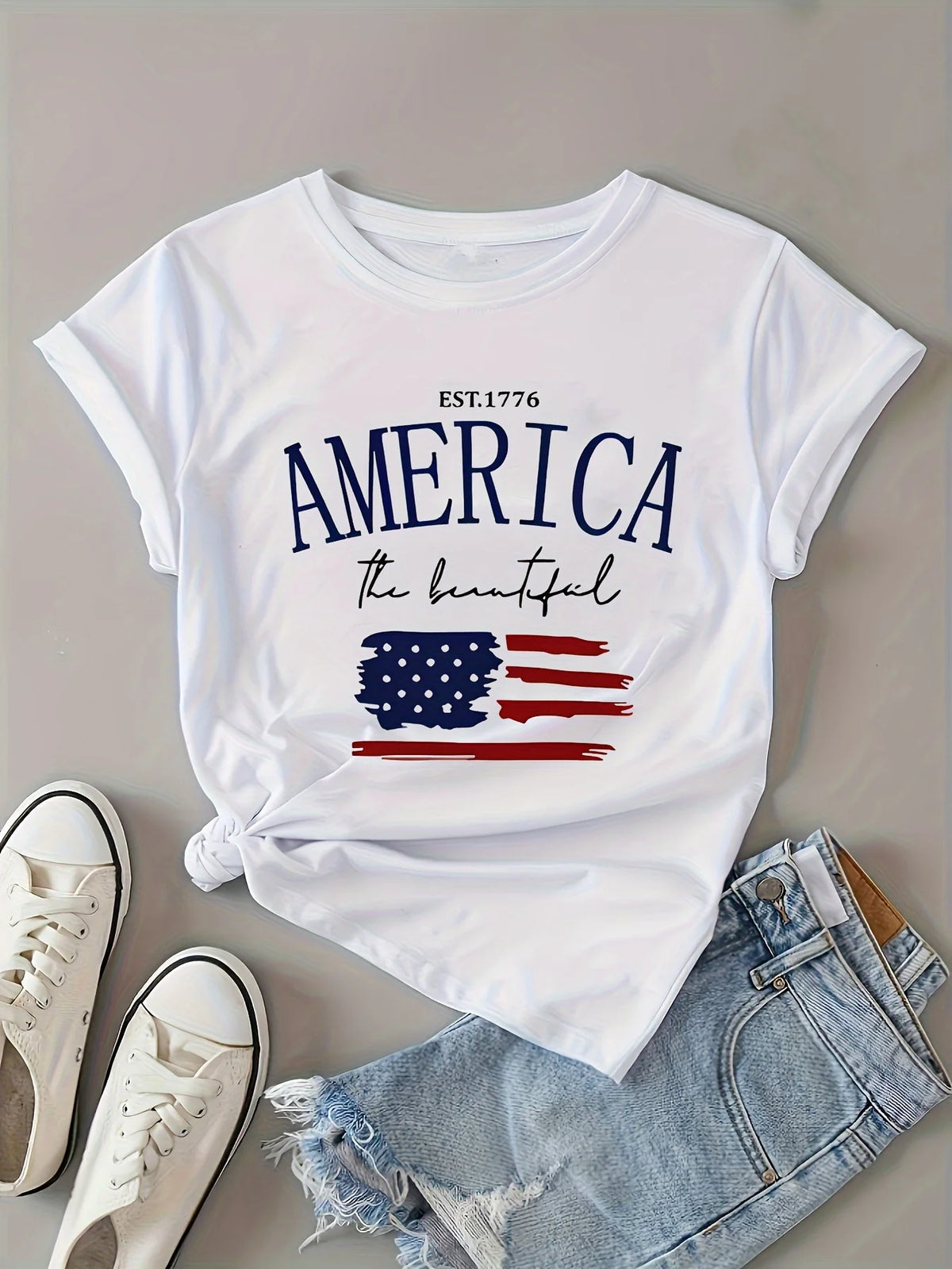 Women's Patriotic American Flag Print T-Shirt – Casual Crew Neck Short Sleeve | The Party Days | The Party Days