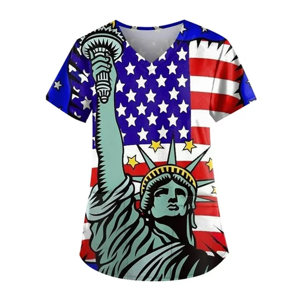 Women's 4th of July Patriotic Scrub Top – V-Neck 3D Print Independence Day Uniform Tee – The Party Days | The Party Days