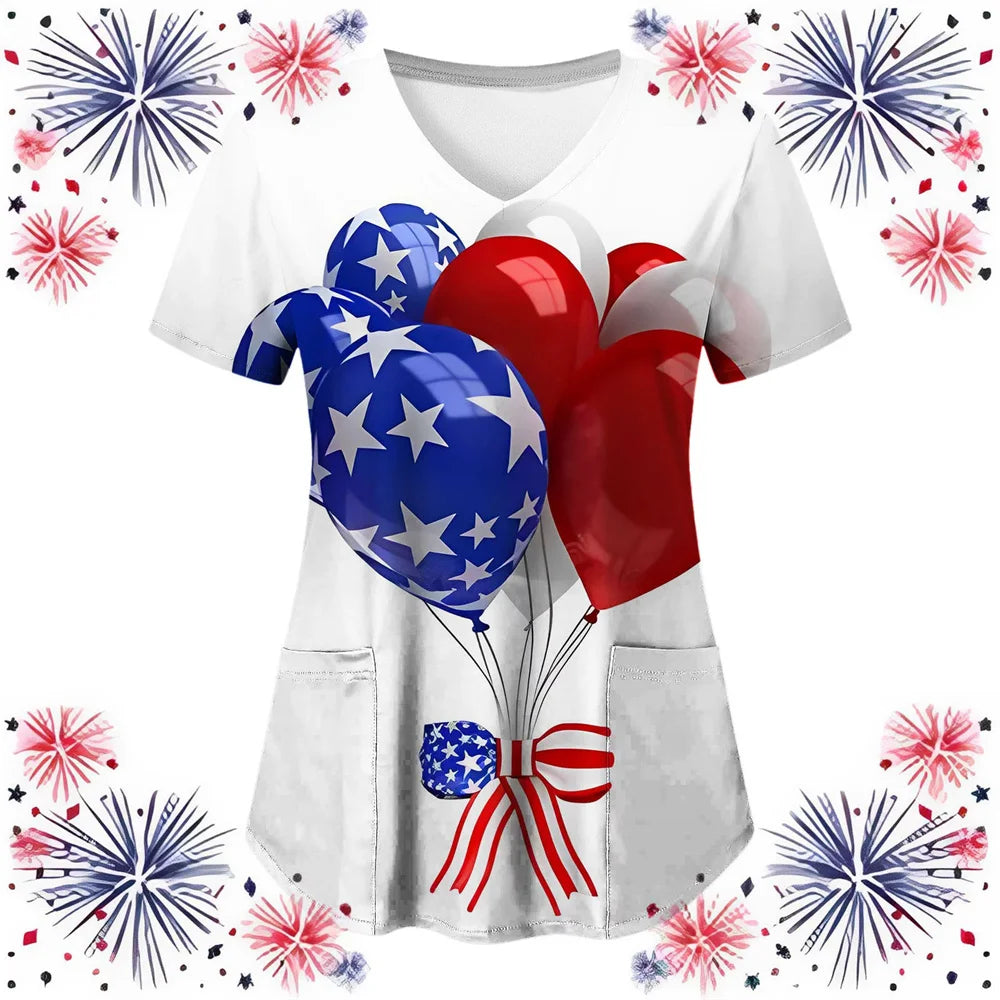 Women's 4th of July Patriotic Scrub Top – V-Neck 3D Print Independence Day Uniform Tee – The Party Days | The Party Days