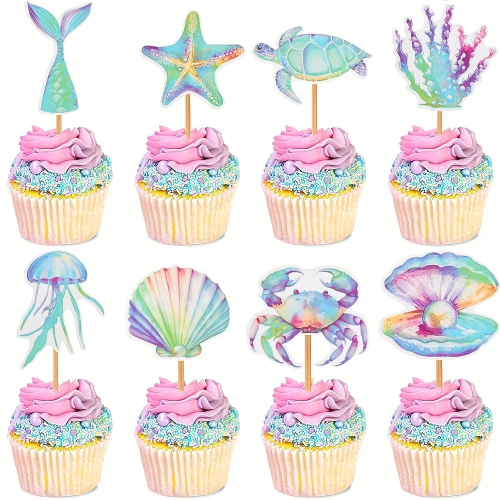 Ocean Mermaid Cupcake Toppers – 16 Pack Seashell, Starfish, Turtle & Fish Tail – The Party Days | The Party Days