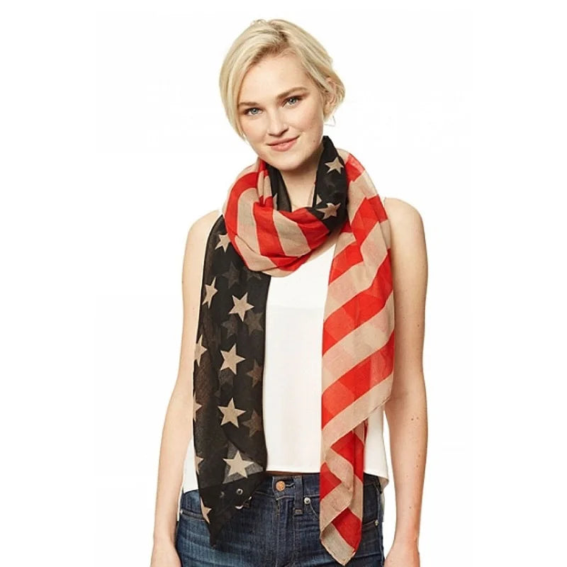 Fashion American Flag Oblong Scarfs Patriotic Stars Print Shawl Voile Soft Wrap Geometric Stripes Scarf | The Party Days | The Party Days