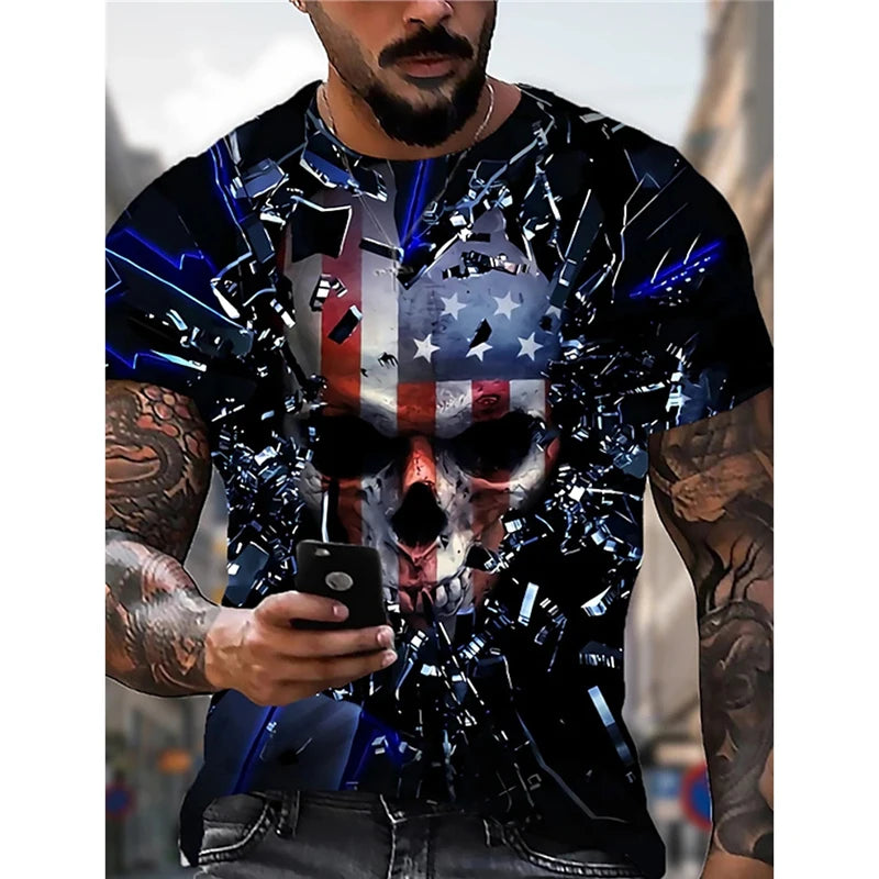 Men's 3D Skull & Retro Flag Print T-Shirt – Round Neck Short Sleeve Summer Tee – The Party Days | The Party Days