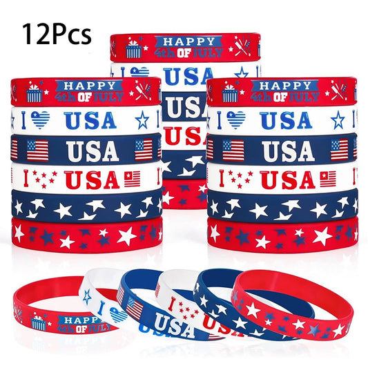 I Love USA Silicone Wristbands | 12-Pack Patriotic Bracelets for Patriotic Parties