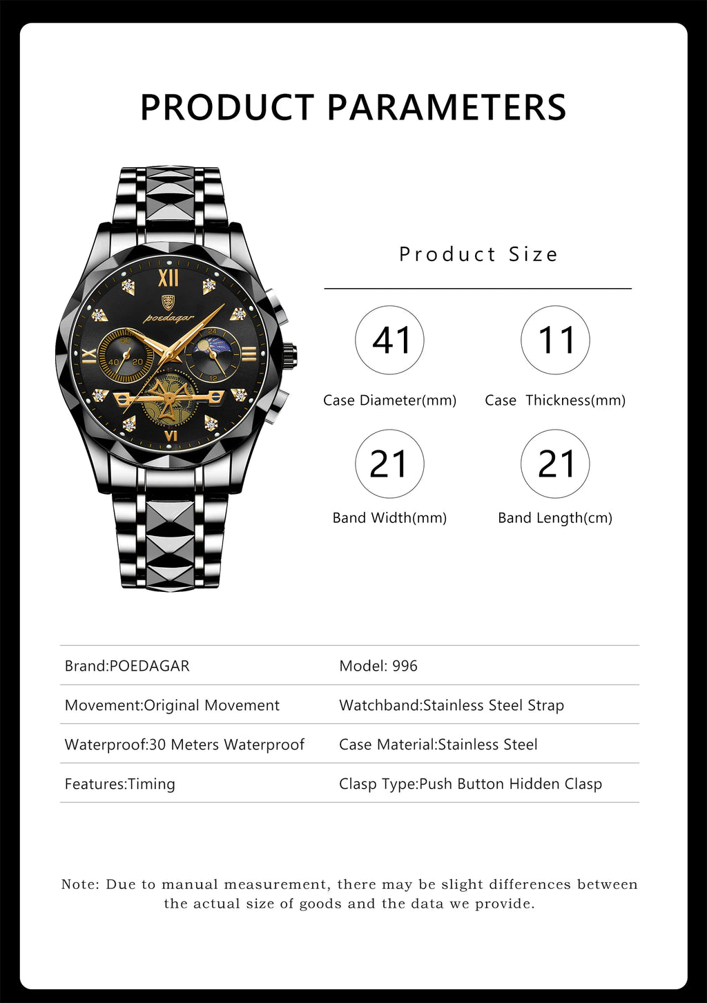 POEDAGAR 996 Men's Business Chronograph Watch – Stainless Steel Luminous | The Party Days | The Party Days