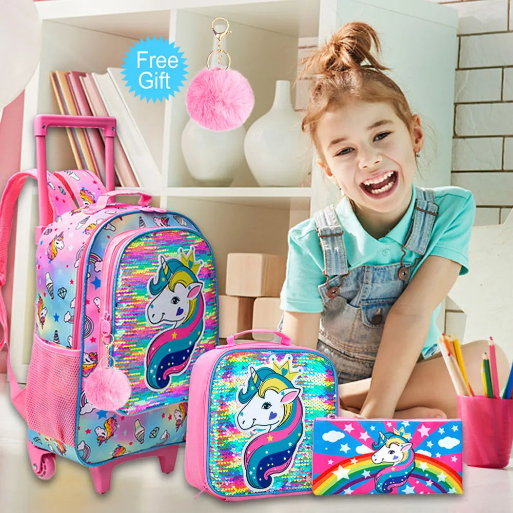 Girls Unicorn Rolling Backpack Set with Lunch Bag & Pencil Case | The Party Days | The Party Days