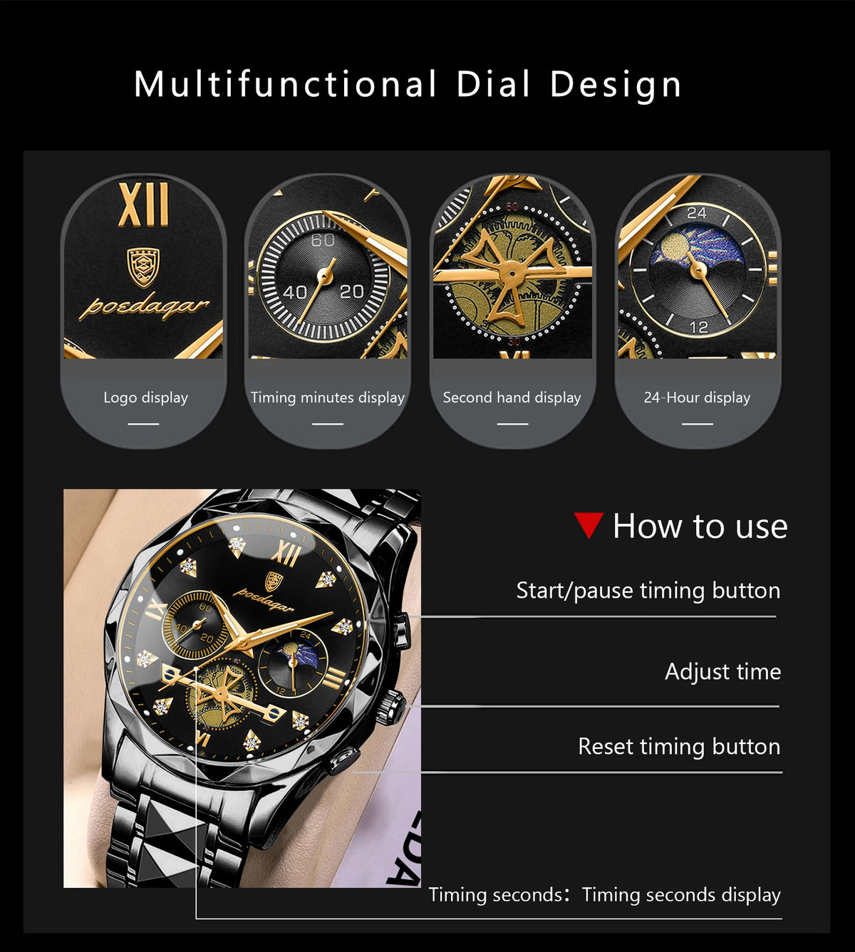 POEDAGAR 996 Men's Business Chronograph Watch – Stainless Steel Luminous | The Party Days | The Party Days