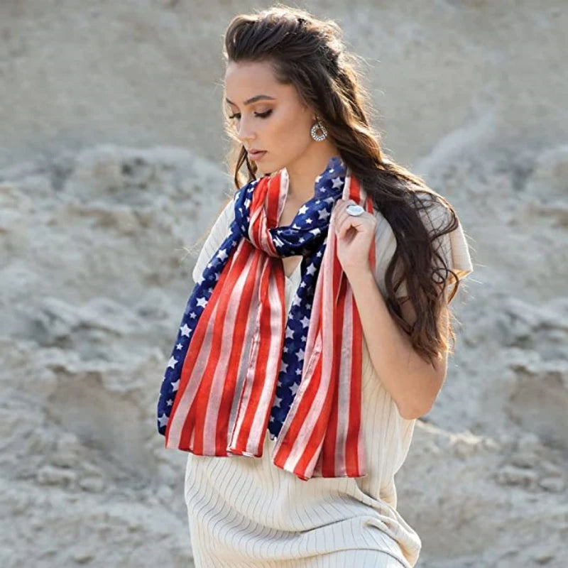 Fashion American Flag Oblong Scarfs Patriotic Stars Print Shawl Voile Soft Wrap Geometric Stripes Scarf | The Party Days | The Party Days
