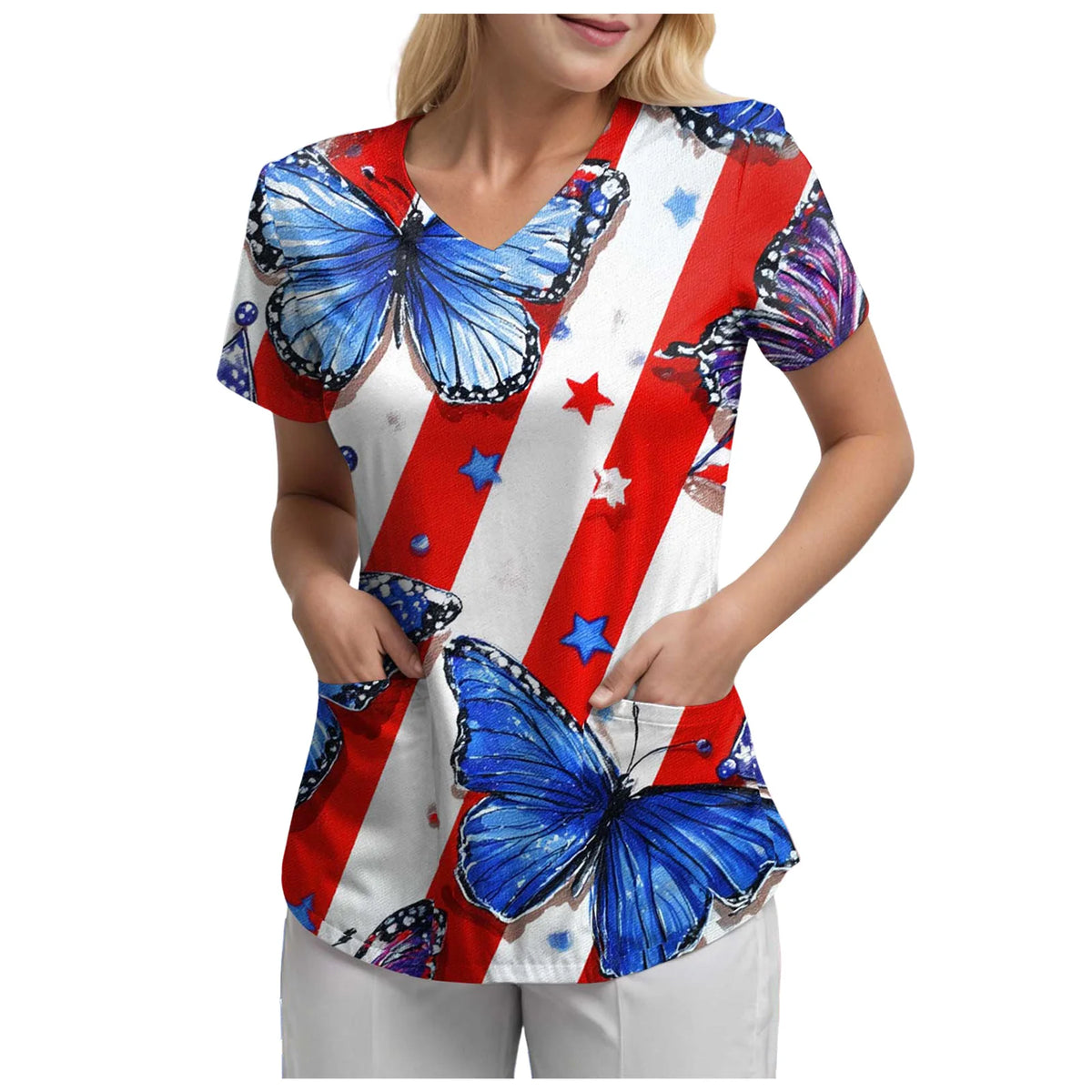 Women's 250th Anniversary Printed V-Neck Pocket T-Shirt – Casual Short Sleeve Top – The Party Days | The Party Days