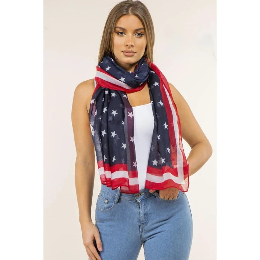 Fashion American Flag Oblong Scarfs Patriotic Stars Print Shawl Voile Soft Wrap Geometric Stripes Scarf | The Party Days | The Party Days