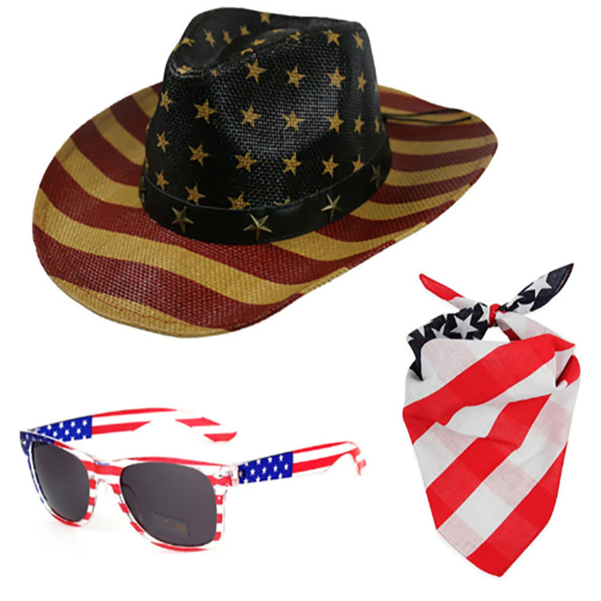 3-Piece Patriotic Set: Cowboy Hat + Sunglasses + Bandana – American Flag 4th of July | The Party Days | The Party Days