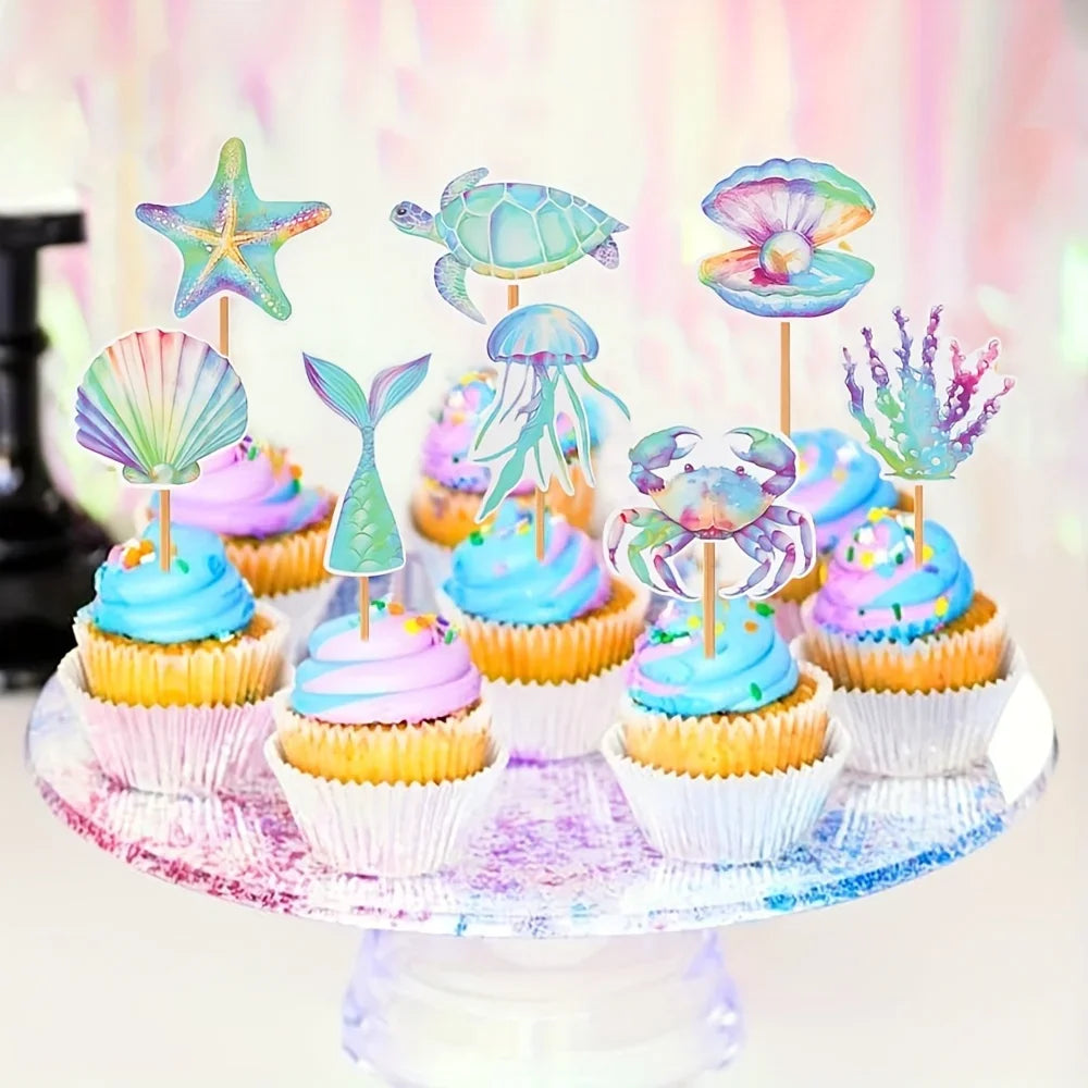 Ocean Mermaid Cupcake Toppers – 16 Pack Seashell, Starfish, Turtle & Fish Tail – The Party Days | The Party Days