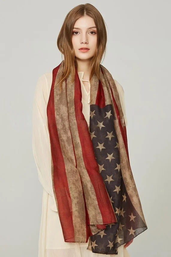 Fashion American Flag Oblong Scarfs Patriotic Stars Print Shawl Voile Soft Wrap Geometric Stripes Scarf | The Party Days | The Party Days