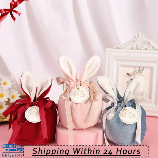 Velvet Easter Bunny Gift Bags - Premium Drawstring Candy & Chocolate Packaging
