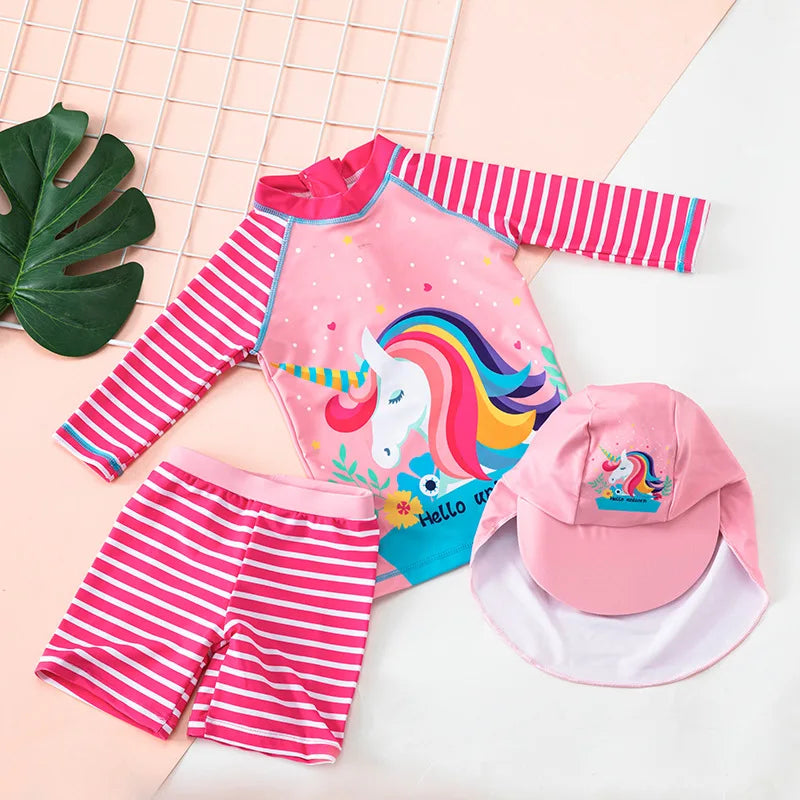 Unicorn 3-Piece Swimsuit Set for Girls | Long Sleeve + Shorts + Cap | The Party Days | The Party Days