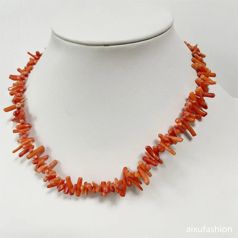 Natural Orange Coral Branch Necklace – Freeform Vintage Beaded Chain – The Party Days | The Party Days