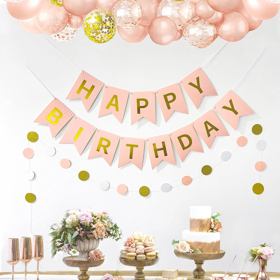 Pink Girl Birthday Party Decoration Kit – Happy Birthday Banner & Round Flower – The Party Days | The Party Days
