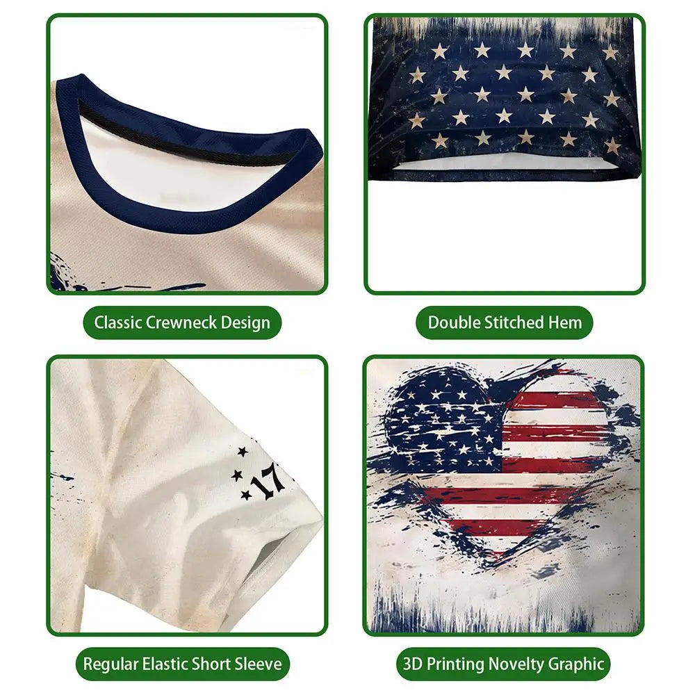 Retro American Flag 3D Print T-Shirt – Eagle & Heart Graphic Tee – Unisex Summer Streetwear – The Party Days | The Party Days