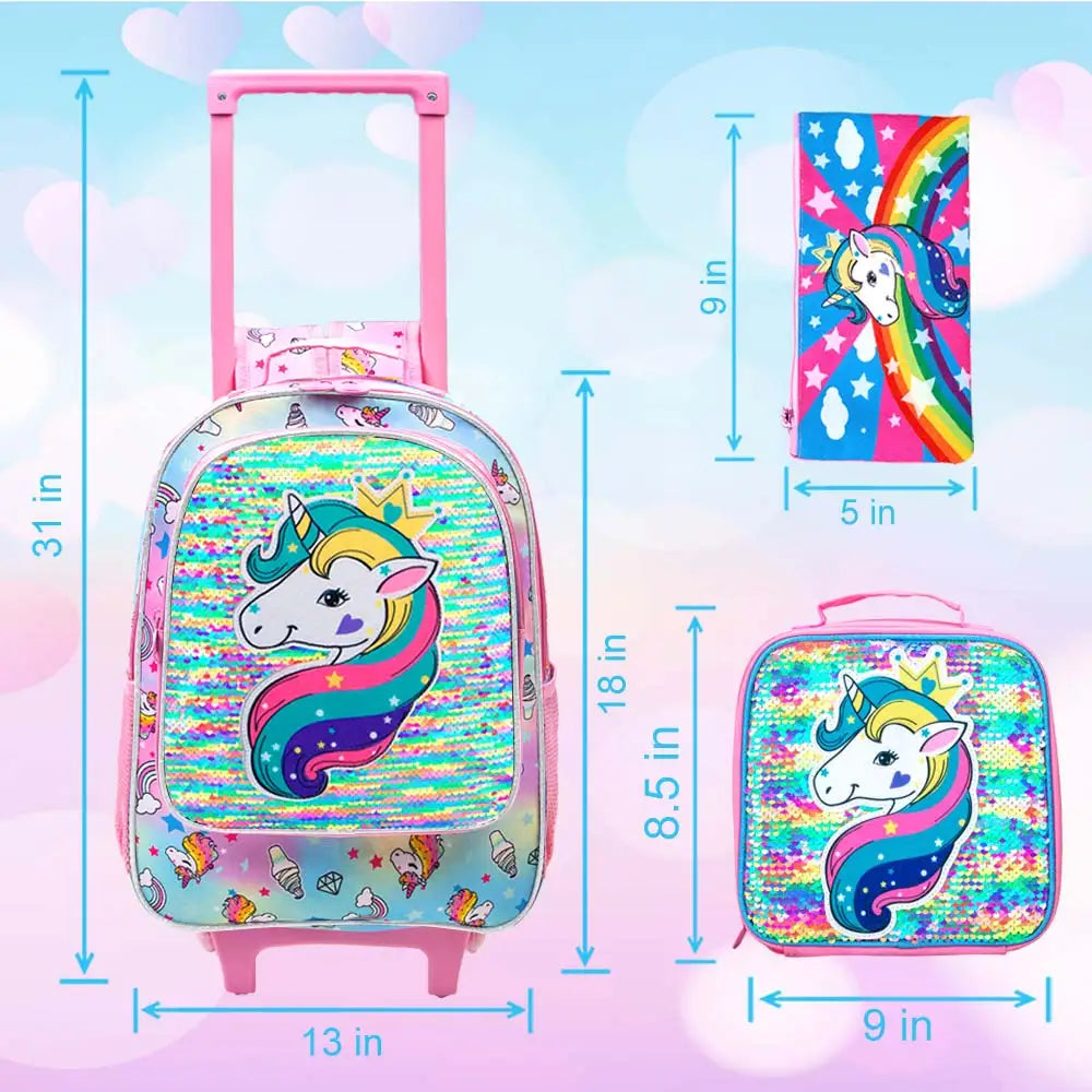 Girls Unicorn Rolling Backpack Set with Lunch Bag & Pencil Case | The Party Days | The Party Days