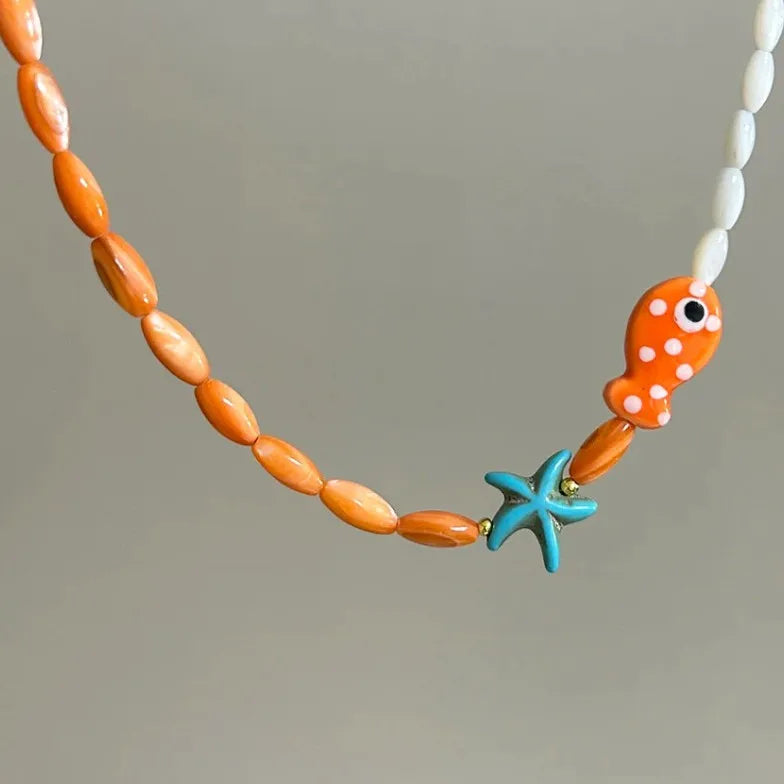 Orange Ceramic Fish & Starfish Necklace – Summer Beach Jewelry – The Party Days | The Party Days