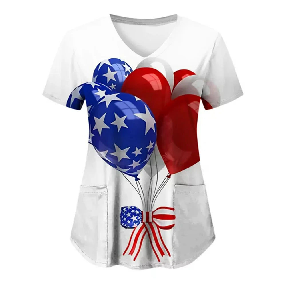 Women's 4th of July Patriotic Scrub Top – V-Neck 3D Print Independence Day Uniform Tee – The Party Days | The Party Days