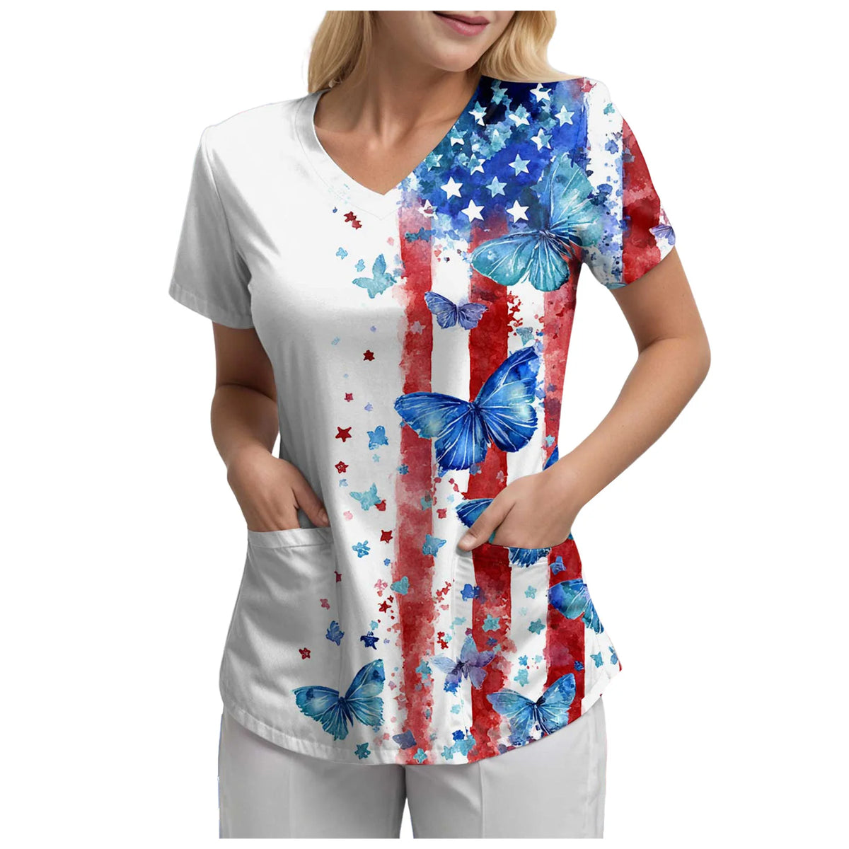Women's 250th Anniversary Printed V-Neck Pocket T-Shirt – Casual Short Sleeve Top – The Party Days | The Party Days