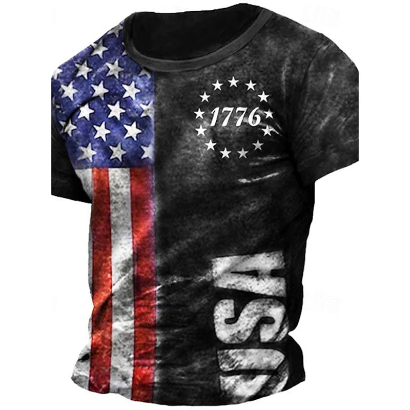Men's 3D Skull & Retro Flag Print T-Shirt – Round Neck Short Sleeve Summer Tee – The Party Days | The Party Days