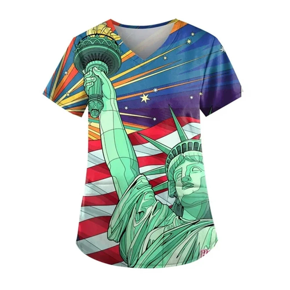Women's 4th of July Patriotic Scrub Top – V-Neck 3D Print Independence Day Uniform Tee – The Party Days | The Party Days