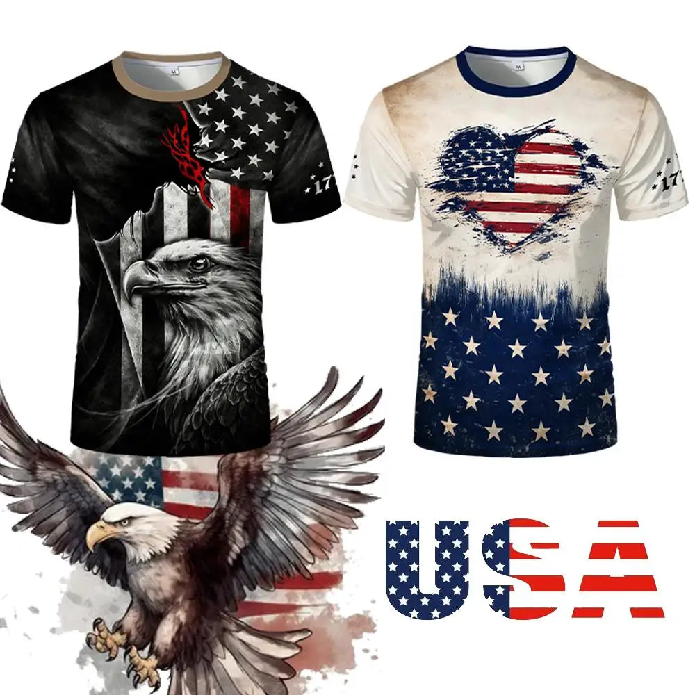Retro American Flag 3D Print T-Shirt – Eagle & Heart Graphic Tee – Unisex Summer Streetwear – The Party Days | The Party Days