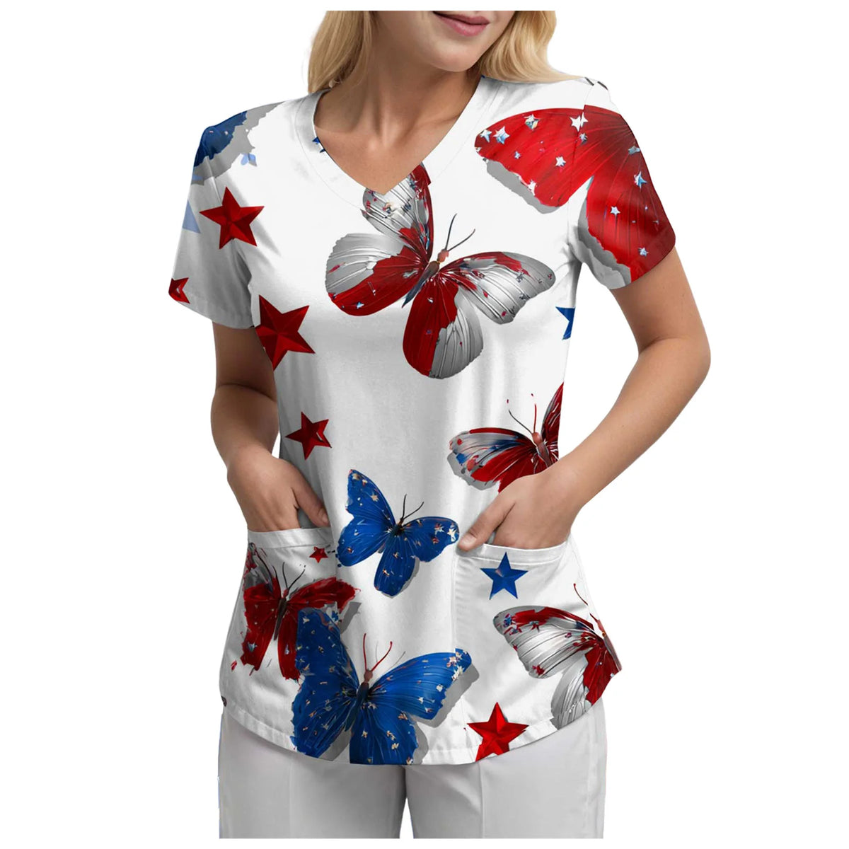 Women's 250th Anniversary Printed V-Neck Pocket T-Shirt – Casual Short Sleeve Top – The Party Days | The Party Days