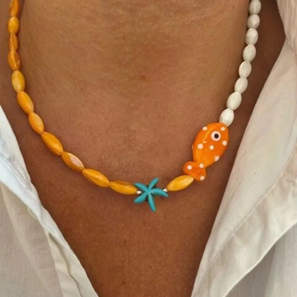 Orange Ceramic Fish & Starfish Necklace – Summer Beach Jewelry – The Party Days | The Party Days