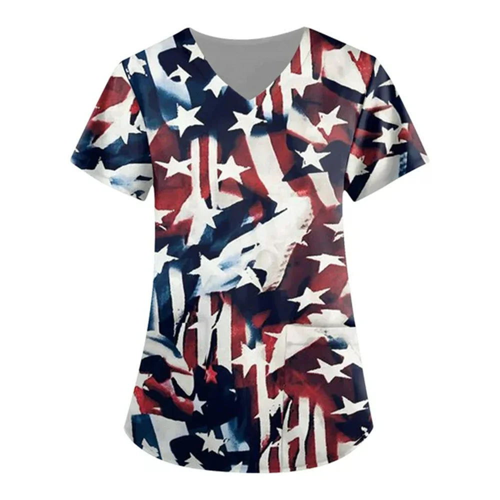 Women's 4th of July Patriotic Scrub Top – V-Neck 3D Print Independence Day Uniform Tee – The Party Days | The Party Days
