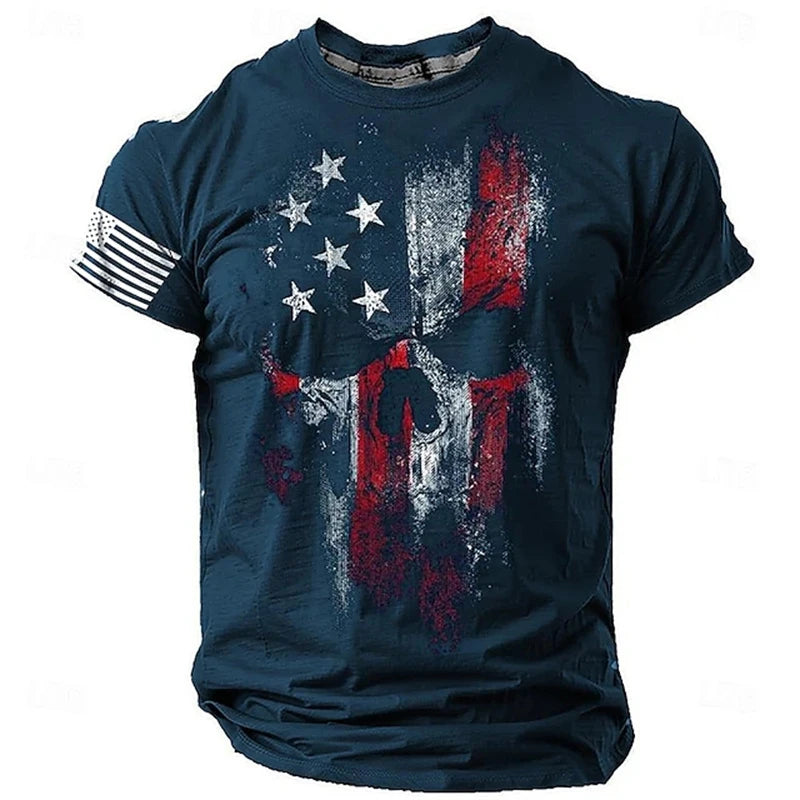 Men's 3D Skull & Retro Flag Print T-Shirt – Round Neck Short Sleeve Summer Tee – The Party Days | The Party Days