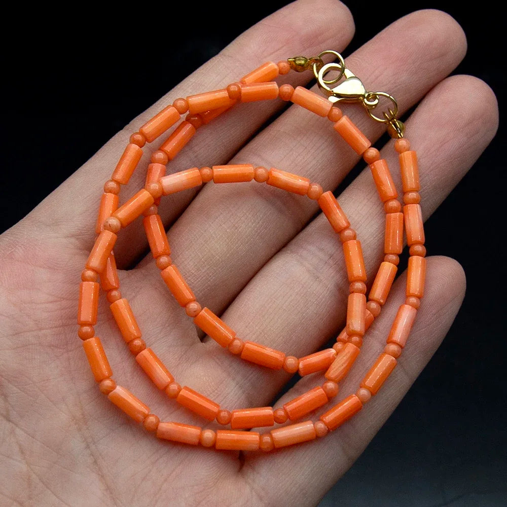 Natural Orange Coral Cylinder Bead Necklace – 3x7mm with Round Spacers – The Party Days | The Party Days
