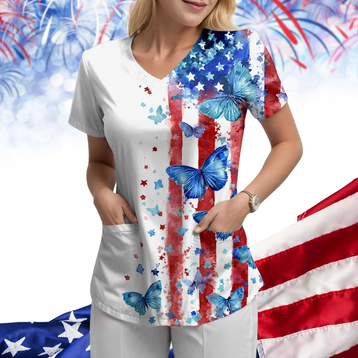 Women's 250th Anniversary Printed V-Neck Pocket T-Shirt – Casual Short Sleeve Top – The Party Days | The Party Days