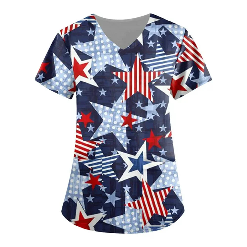 Women's 4th of July Patriotic Scrub Top – V-Neck 3D Print Independence Day Uniform Tee – The Party Days | The Party Days