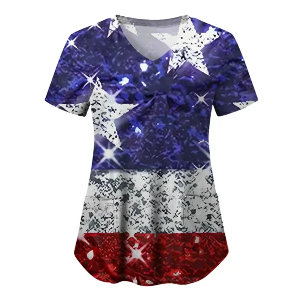Women's 4th of July Patriotic Scrub Top – V-Neck 3D Print Independence Day Uniform Tee – The Party Days | The Party Days