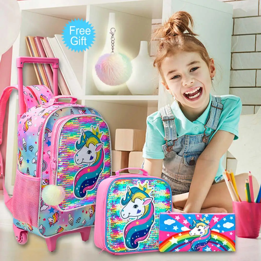 Girls Unicorn Rolling Backpack Set with Lunch Bag & Pencil Case | The Party Days | The Party Days