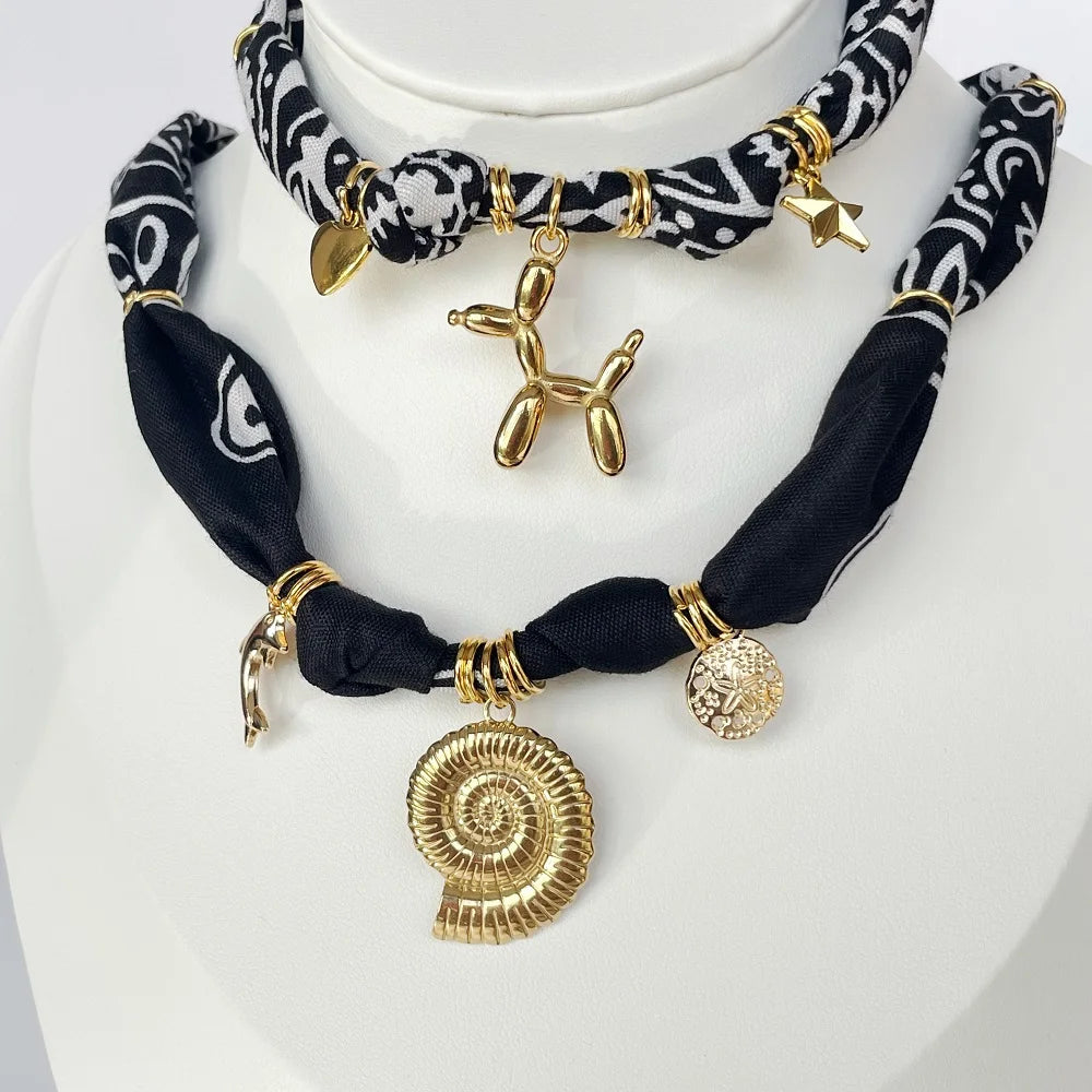 Orange Bandana Necklace with Gold Plated Charms – Sun, Dog, Heart & More – The Party Days | The Party Days