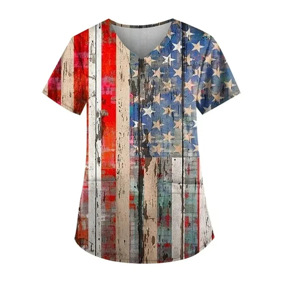 Women's 4th of July Patriotic Scrub Top – V-Neck 3D Print Independence Day Uniform Tee – The Party Days | The Party Days