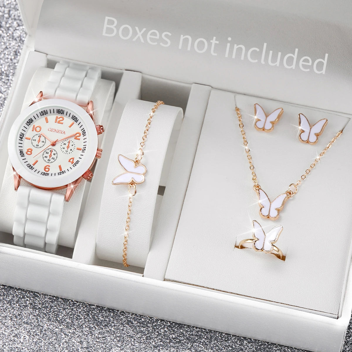 Women's 5-6 Piece Jewelry Set – Butterfly Quartz Watch + Earrings + Necklace + Bracelet + Ring | The Party Days | The Party Days