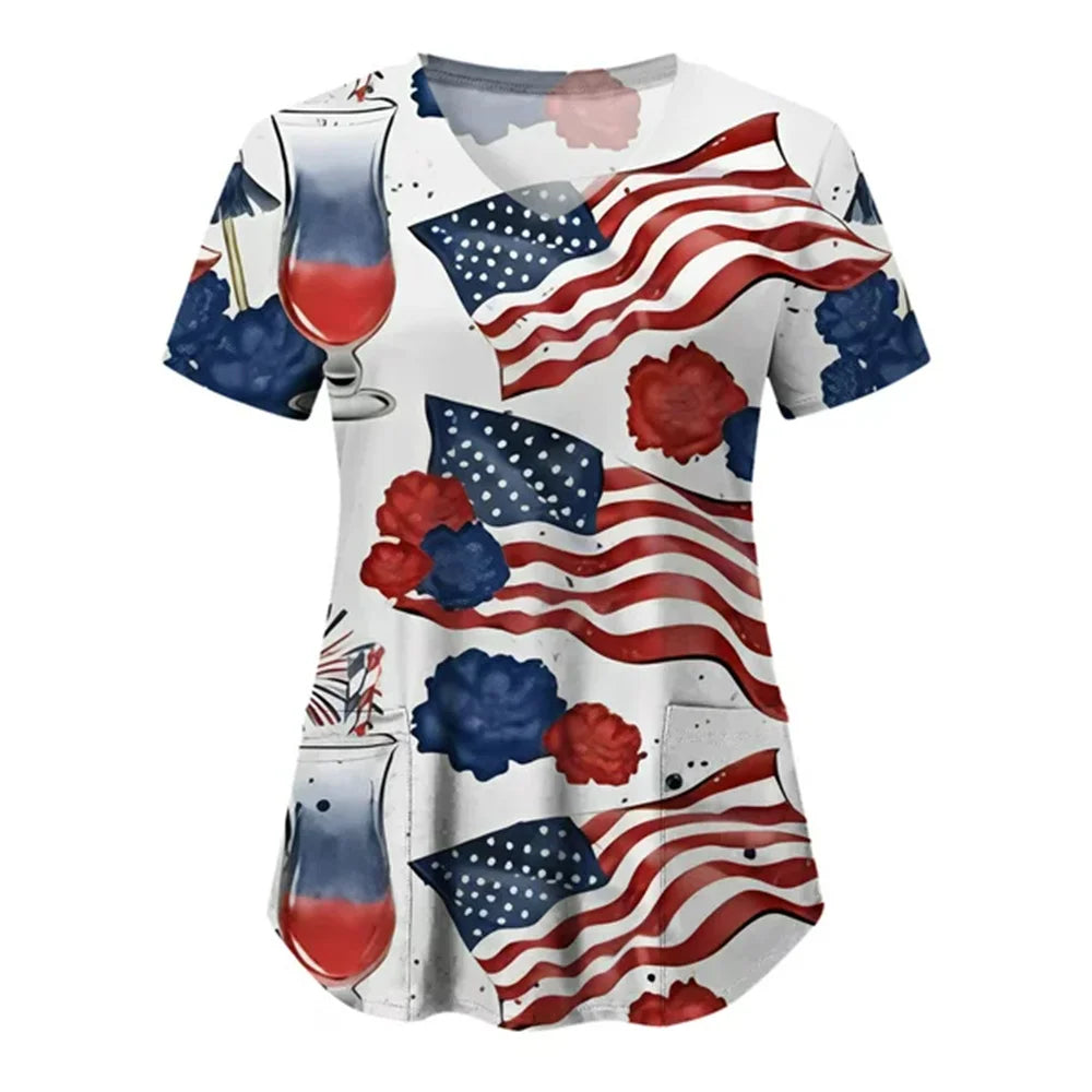 Women's 4th of July Patriotic Scrub Top – V-Neck 3D Print Independence Day Uniform Tee – The Party Days | The Party Days