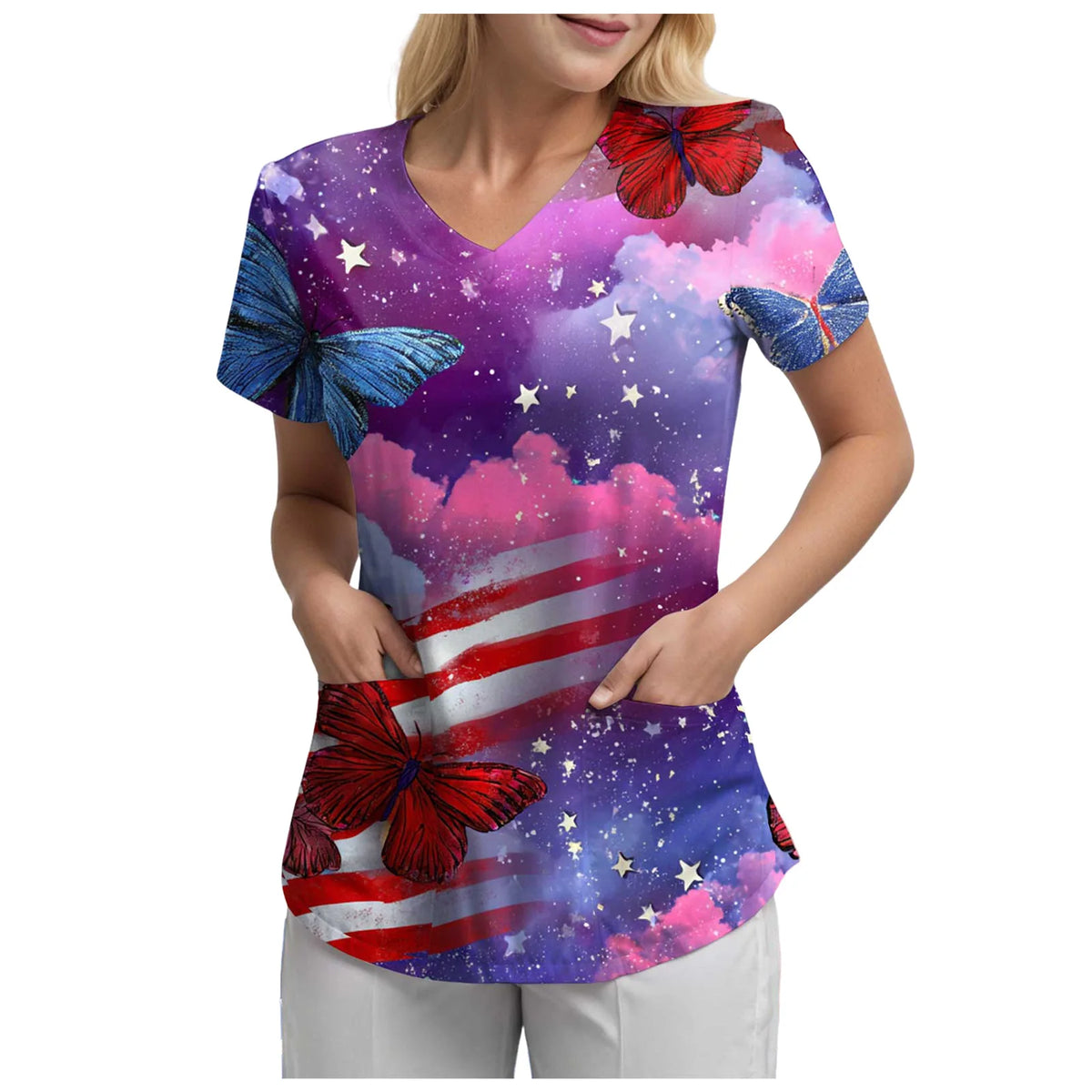 Women's 250th Anniversary Printed V-Neck Pocket T-Shirt – Casual Short Sleeve Top – The Party Days | The Party Days