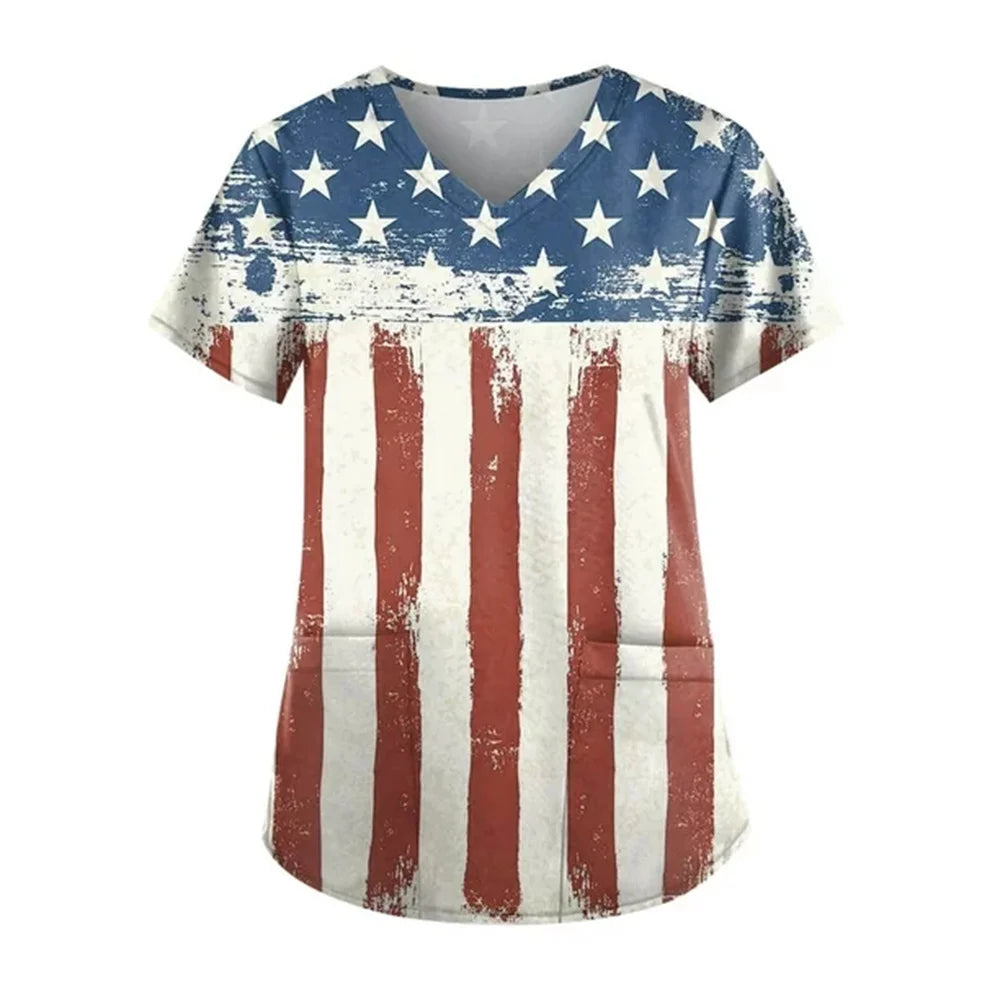 Women's 4th of July Patriotic Scrub Top – V-Neck 3D Print Independence Day Uniform Tee – The Party Days | The Party Days