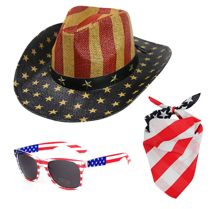 3-Piece Patriotic Set: Cowboy Hat + Sunglasses + Bandana – American Flag 4th of July | The Party Days | The Party Days