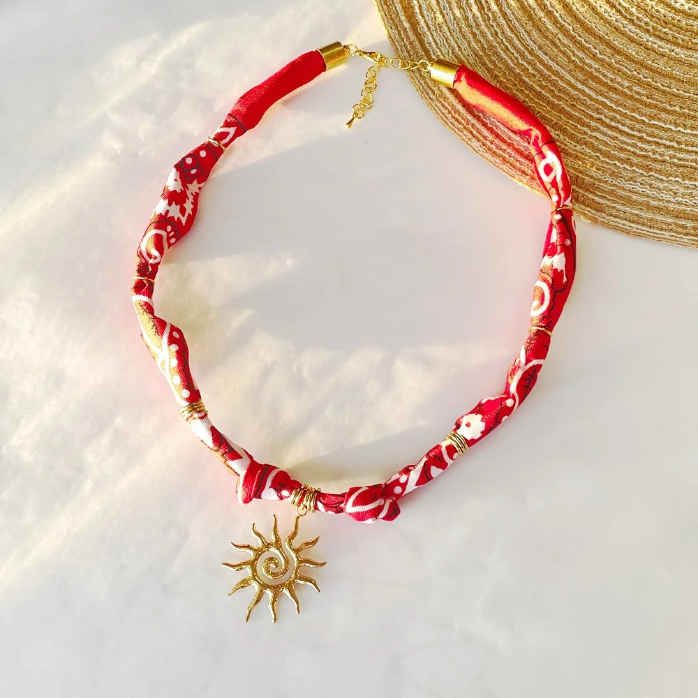 Orange Bandana Necklace with Gold Plated Charms – Sun, Dog, Heart & More – The Party Days | The Party Days