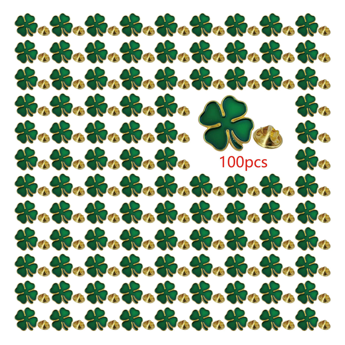 St. Patrick's Day Four-Leaf Clover Pin – Green & Gold Metal Brooch – The Party Days | The Party Days