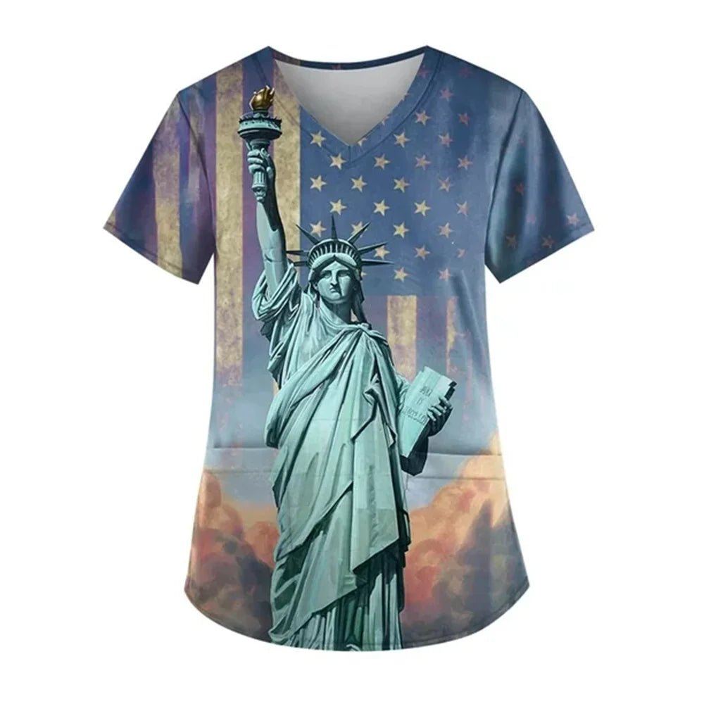 Women's 4th of July Patriotic Scrub Top – V-Neck 3D Print Independence Day Uniform Tee – The Party Days | The Party Days